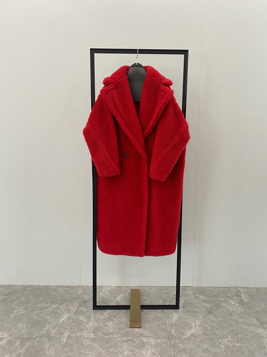 Wool Shearling Teddy Long Coat Loose fit oversized coat True Red