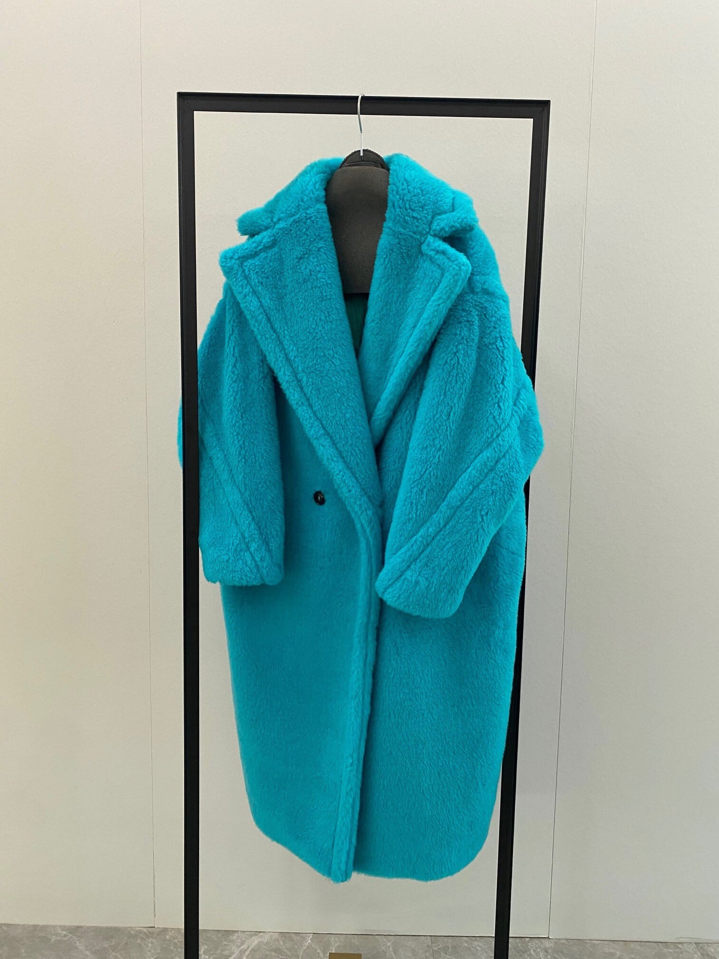 Wool Shearling Teddy Long Coat Loose fit oversized coat Turquoise