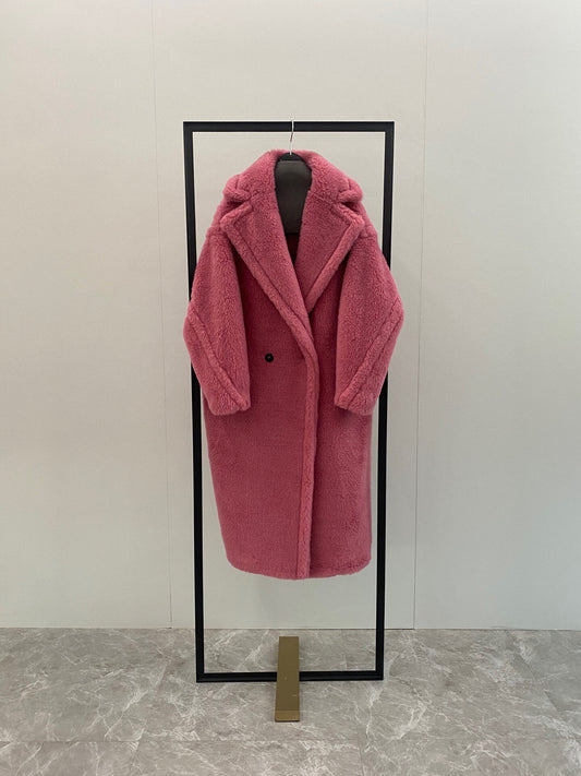 Wool Shearling Teddy Long Coat Loose fit oversized coat Cranberry